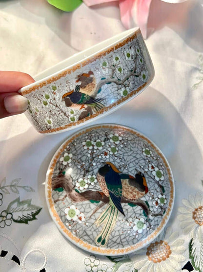 Vintage Bird & Blossom Ceramic Trinket Box Approx 10 cm
