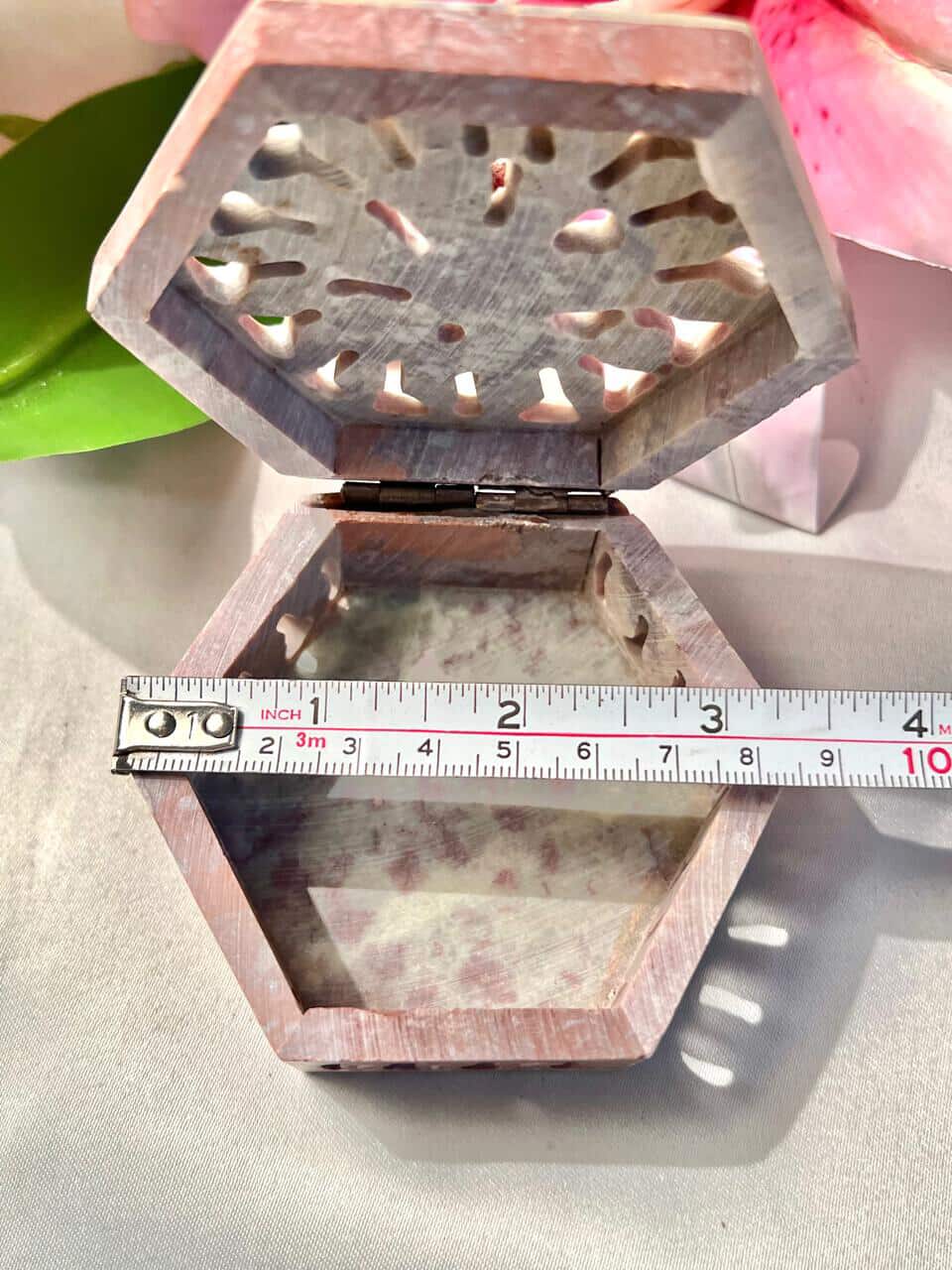 Vintage Carved Stone Hexagonal Trinket Box Floral Lid 10 cm