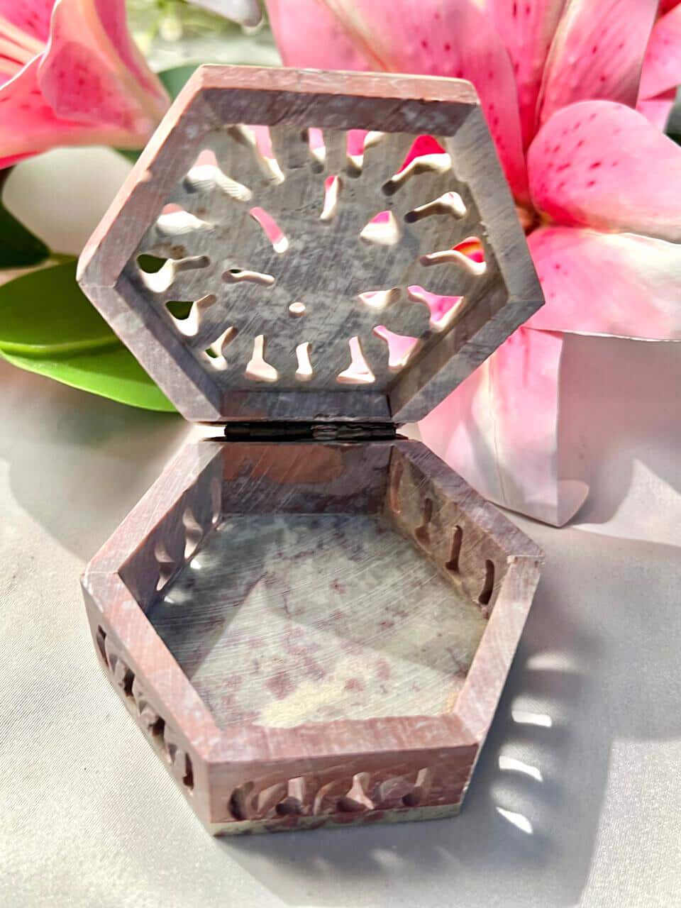 Vintage Carved Stone Hexagonal Trinket Box Floral Lid 10 cm