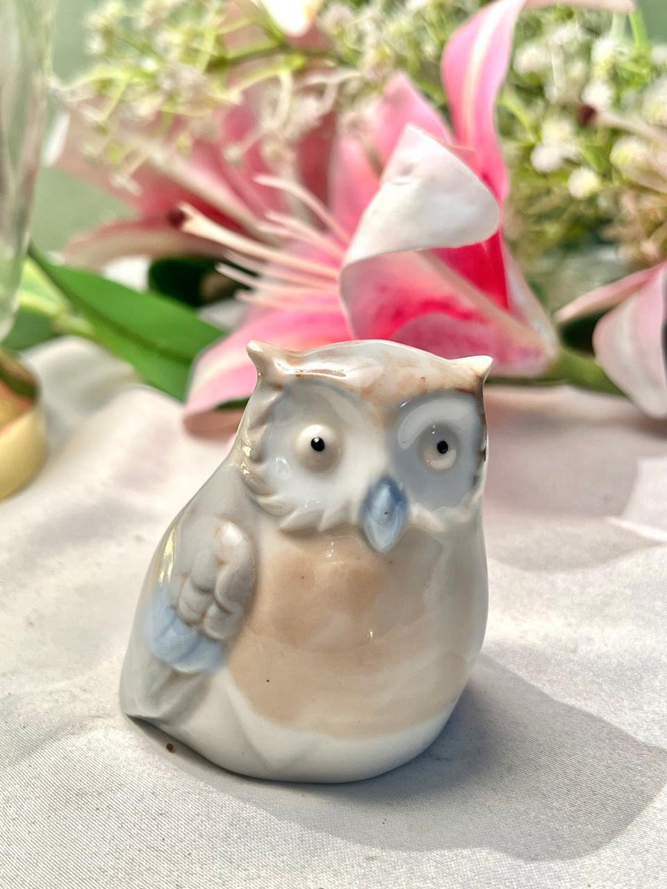 Pastel Owl Ceramic Figurine Grey Cream 6.5cm - 1 Piece