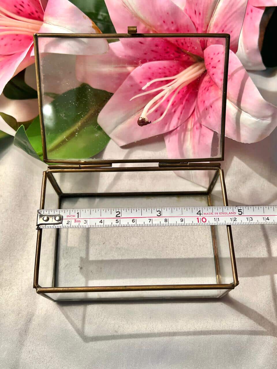 Vintage Crystal Trinket Box Brass-Tone Frame Approx 13 cm