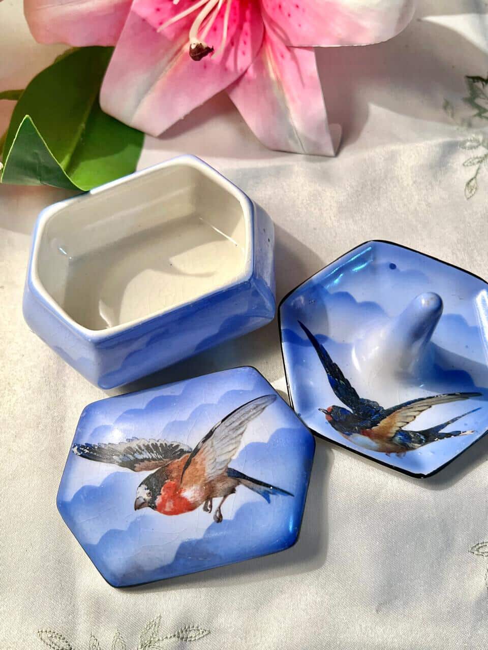 2-Piece Blue Bird Ceramic Trinket Box & Ring Holder 9 cm