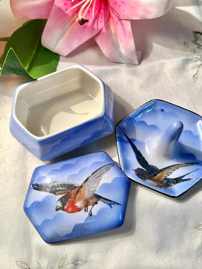 2-Piece Blue Bird Ceramic Trinket Box & Ring Holder 9 cm