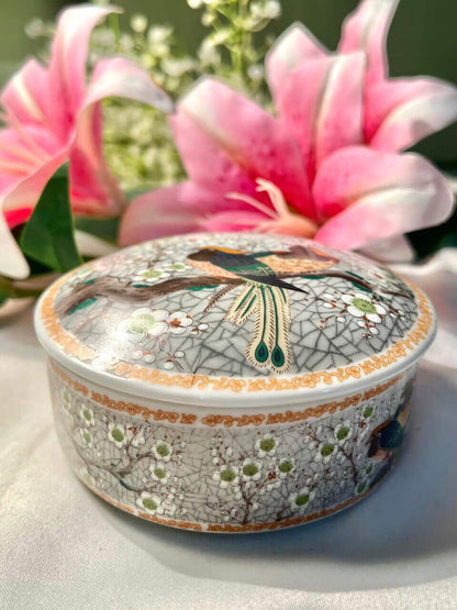 Vintage Bird & Blossom Ceramic Trinket Box Approx 10 cm