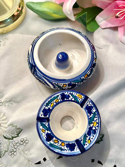 Hand painting Blue Pottery Floral Ceramic Ashtray with Lid – 4 Inches