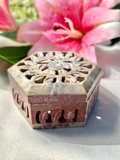 Vintage Carved Stone Hexagonal Trinket Box Floral Lid 10 cm