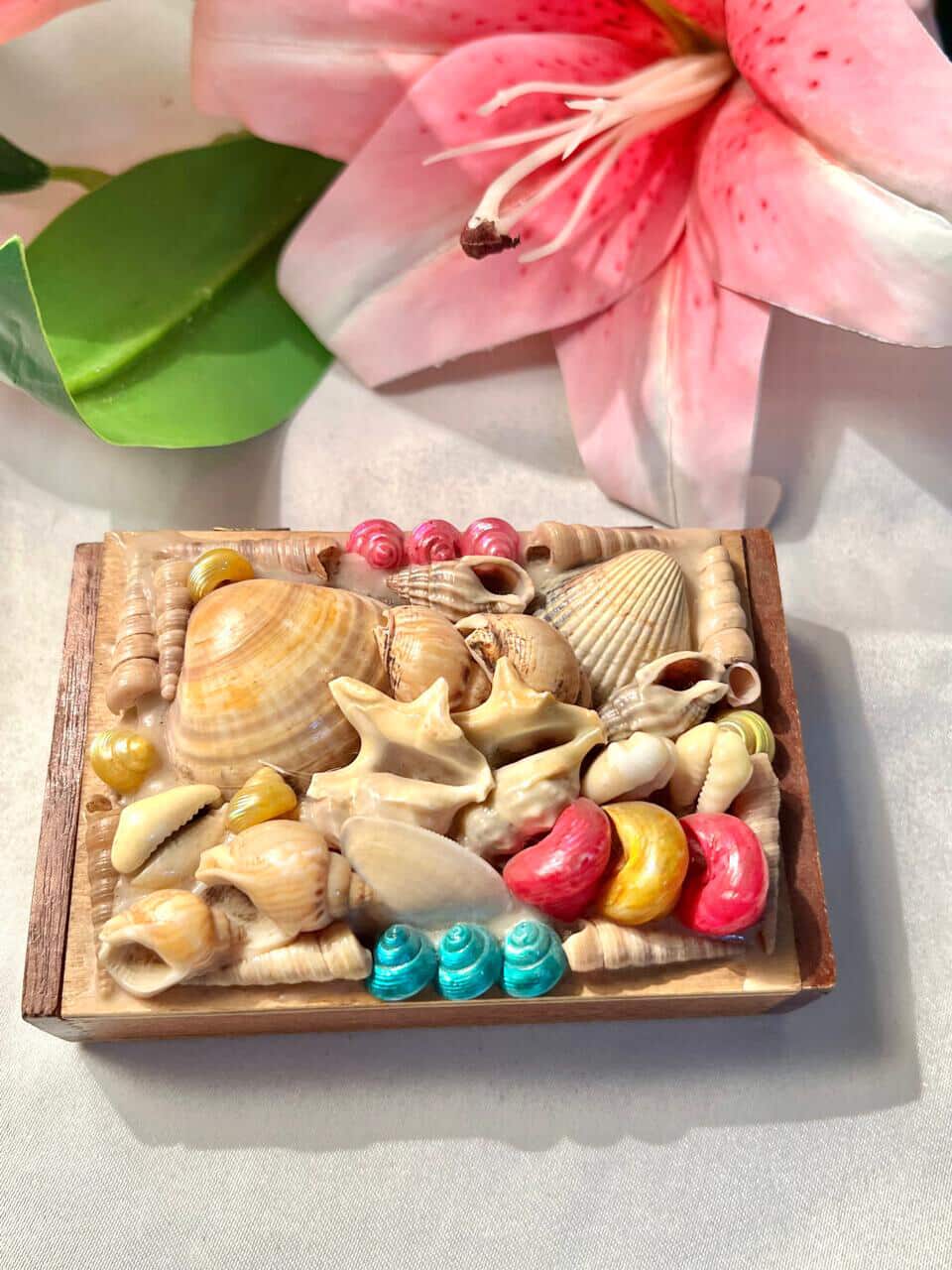 Vintage Wooden Seashell Trinket Box Multicolour Approx 12 cm