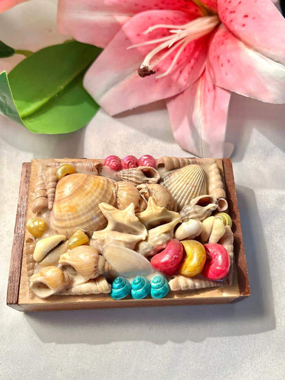 Vintage Wooden Seashell Trinket Box Multicolour Approx 12 cm