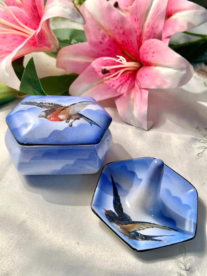 2-Piece Blue Bird Ceramic Trinket Box & Ring Holder 9 cm