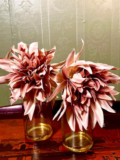 Set of 2 Amber Glass Bud Vases with Artificial Flowers | 8 Inch