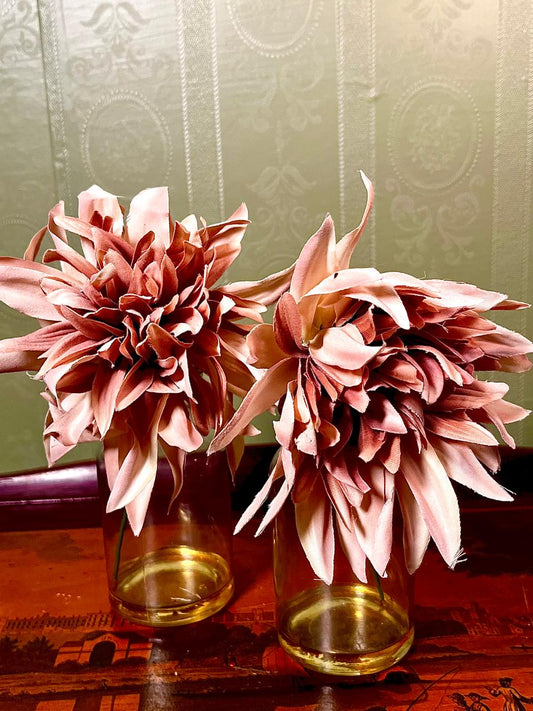 Set of 2 Amber Glass Bud Vases with Artificial Flowers | 8 Inch