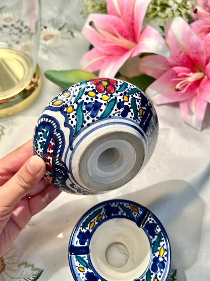 Hand painting Blue Pottery Floral Ceramic Ashtray with Lid – 4 Inches
