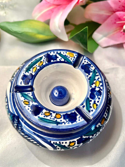 Hand painting Blue Pottery Floral Ceramic Ashtray with Lid – 4 Inches