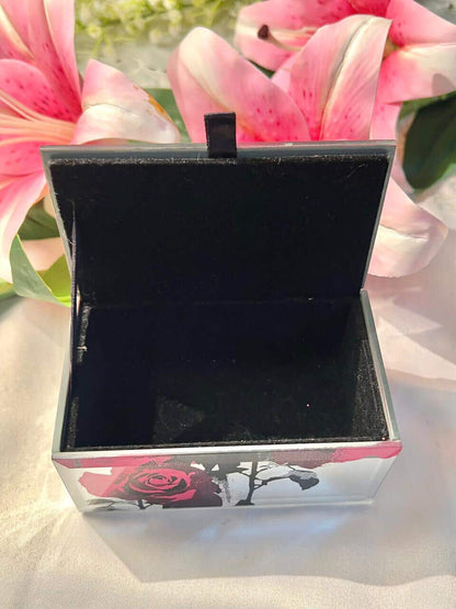 Vintage Rose Mirror Trinket Box Pink Black Approx 13 cm