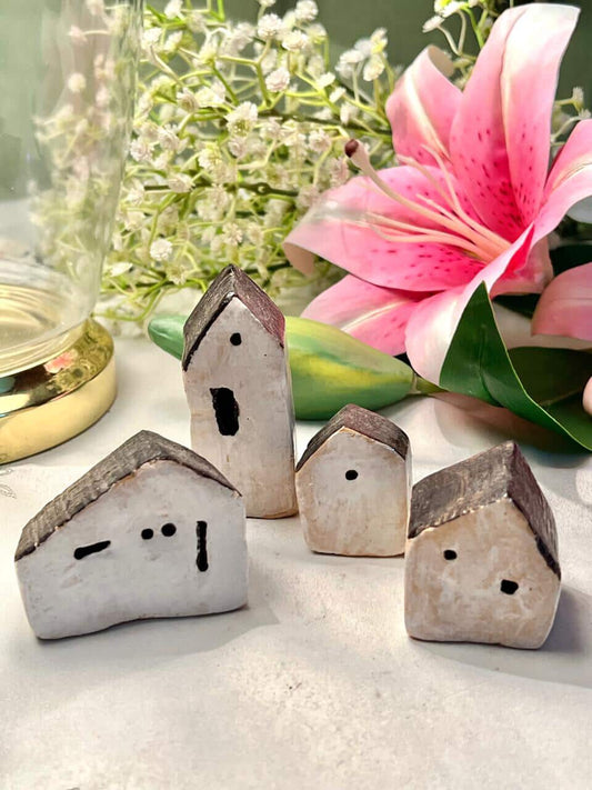 Mini Wooden House Decor Set of 4 | Neutral Rustic Home Décor