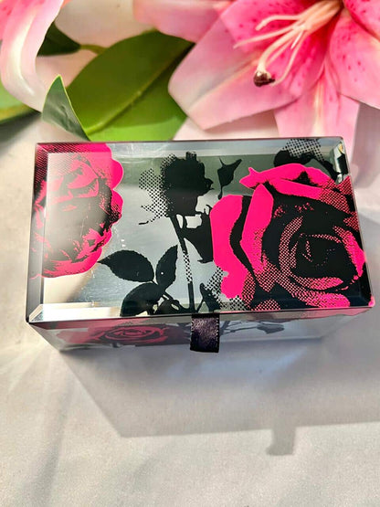 Vintage Rose Mirror Trinket Box Pink Black Approx 13 cm