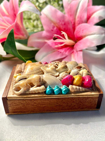 Vintage Wooden Seashell Trinket Box Multicolour Approx 12 cm