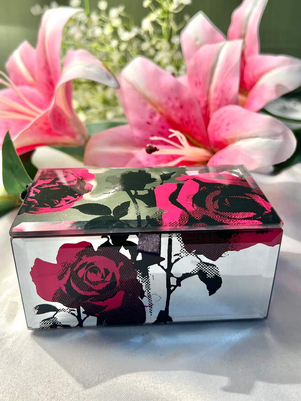 Vintage Rose Mirror Trinket Box Pink Black Approx 13 cm