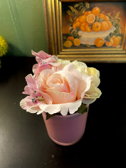 Artificial Pink Rose Arrangement in Glass Vase 6 Inch