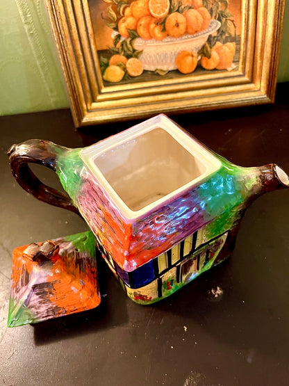 Vintage Cottage House Ceramic Teapot – Hand Painted Collectible Cottage Ware with Lid