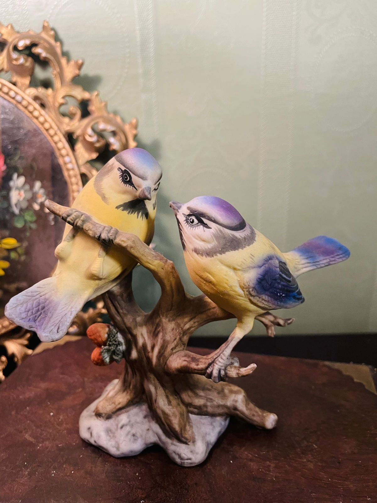 Vintage Pair of Blue Tit Bird Figurines on Branch