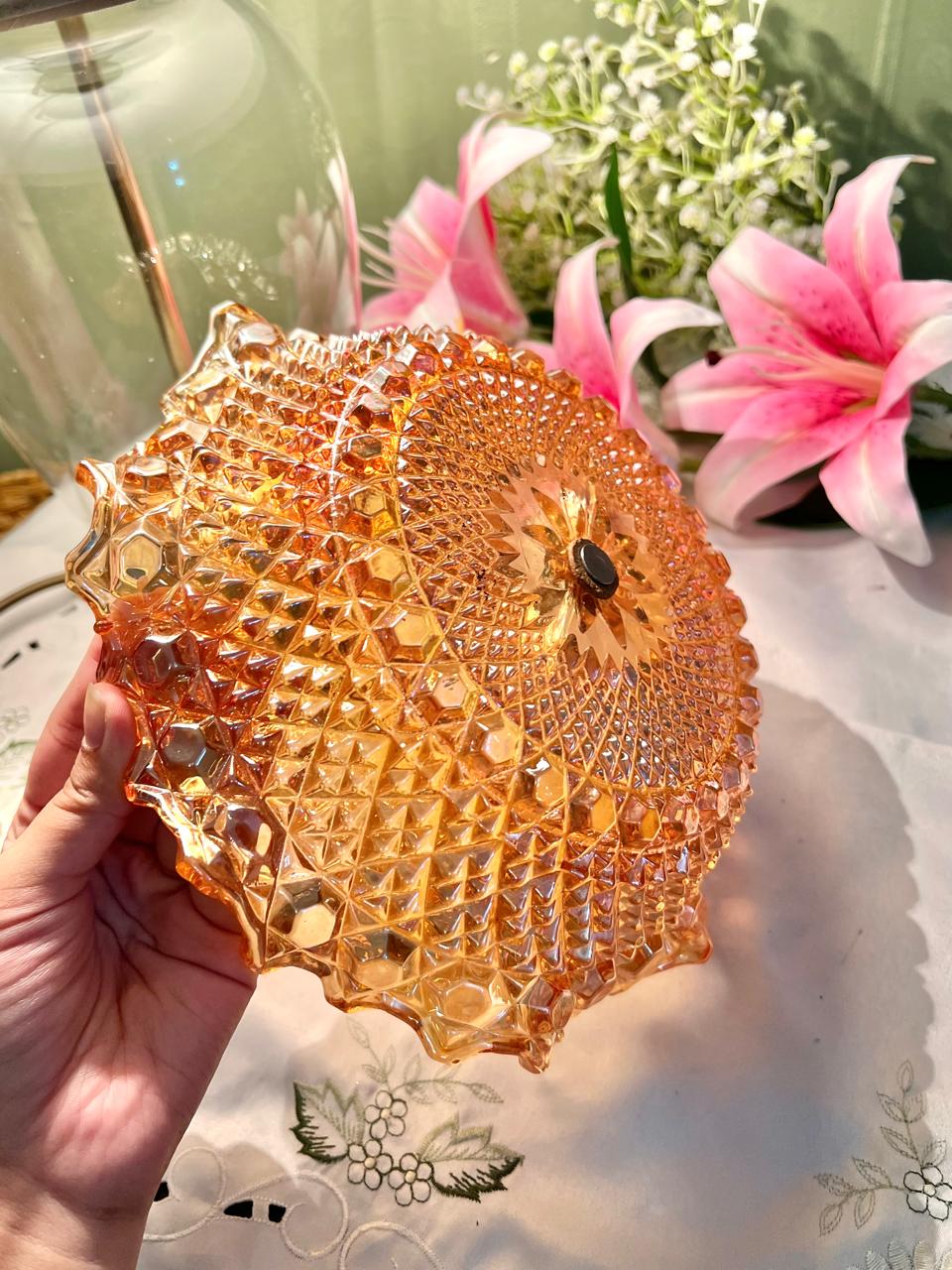 Vintage Amber Pressed Glass Serving Bowl with Metal Handle – Scalloped Rim, Approx. 24 cm
