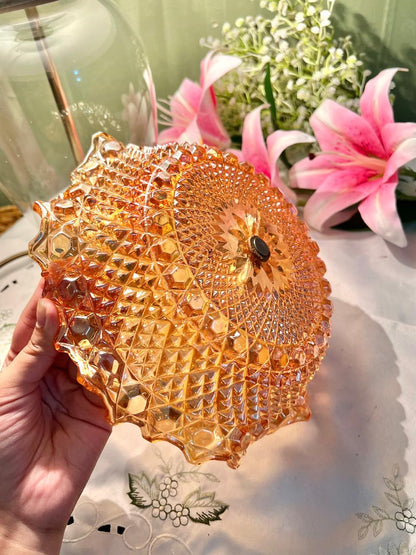 Vintage Amber Pressed Glass Serving Bowl with Metal Handle – Scalloped Rim, Approx. 24 cm