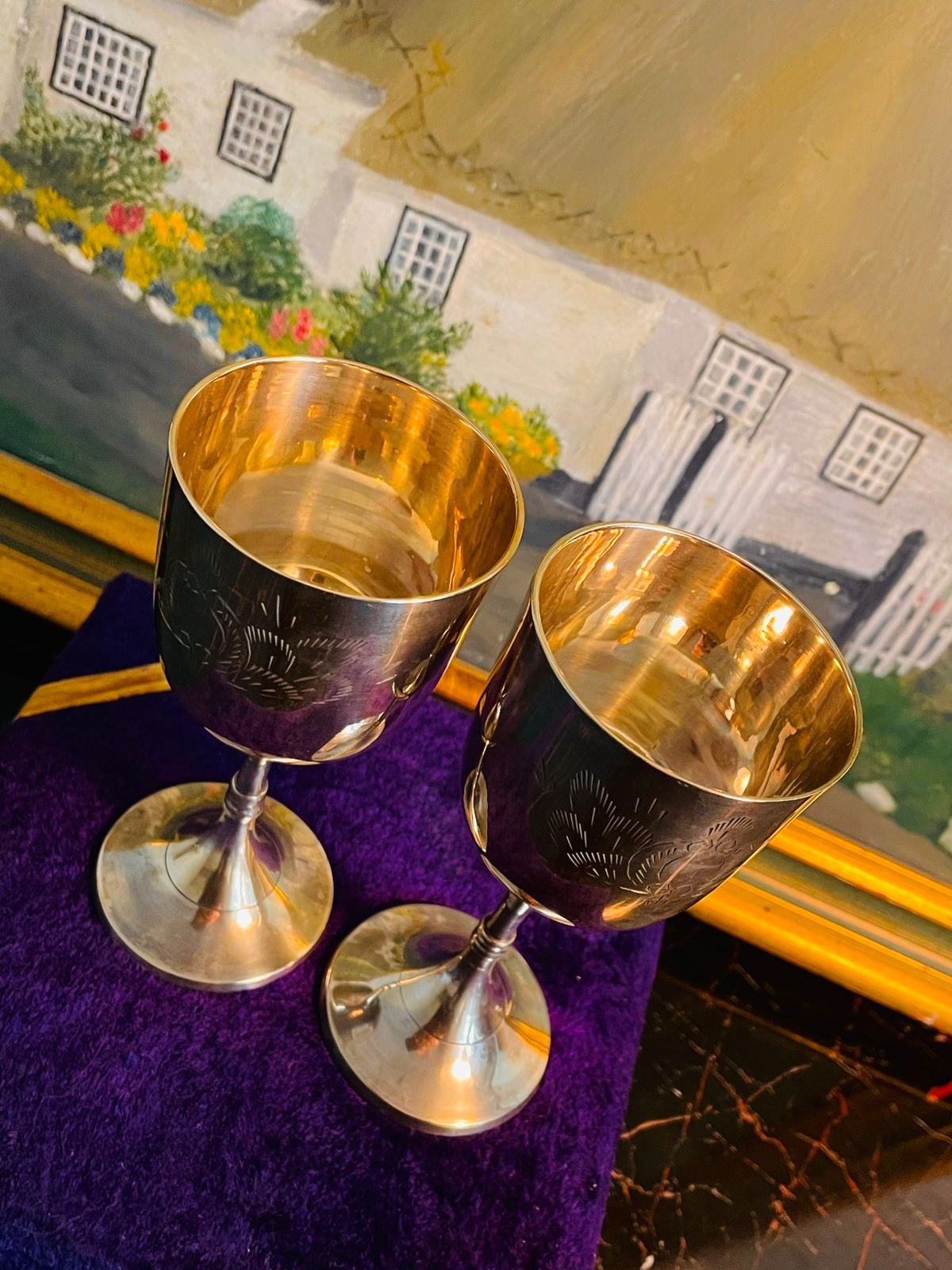Vintage Silver-Plated Goblet Set in Velvet Case – Etched Floral Design