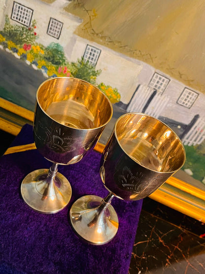 Vintage Silver-Plated Goblet Set in Velvet Case – Etched Floral Design