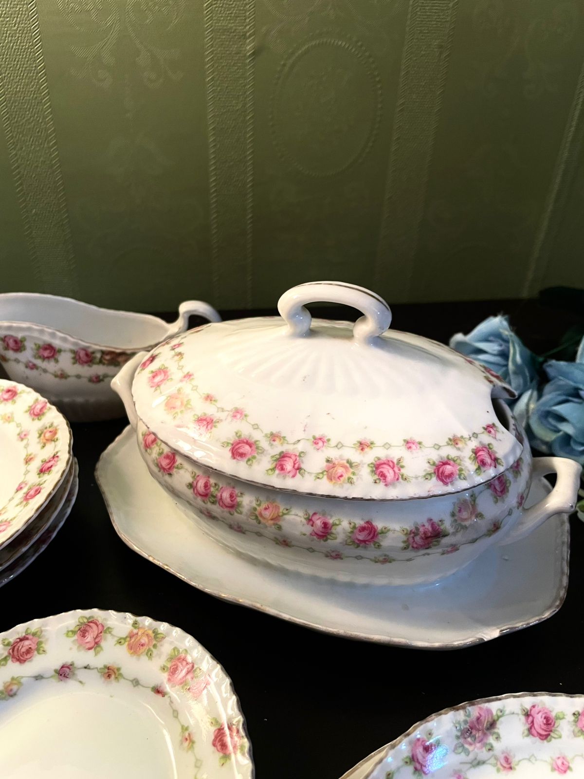 Vintage Rose China Serving Set with Tureen & Gravy Boat
