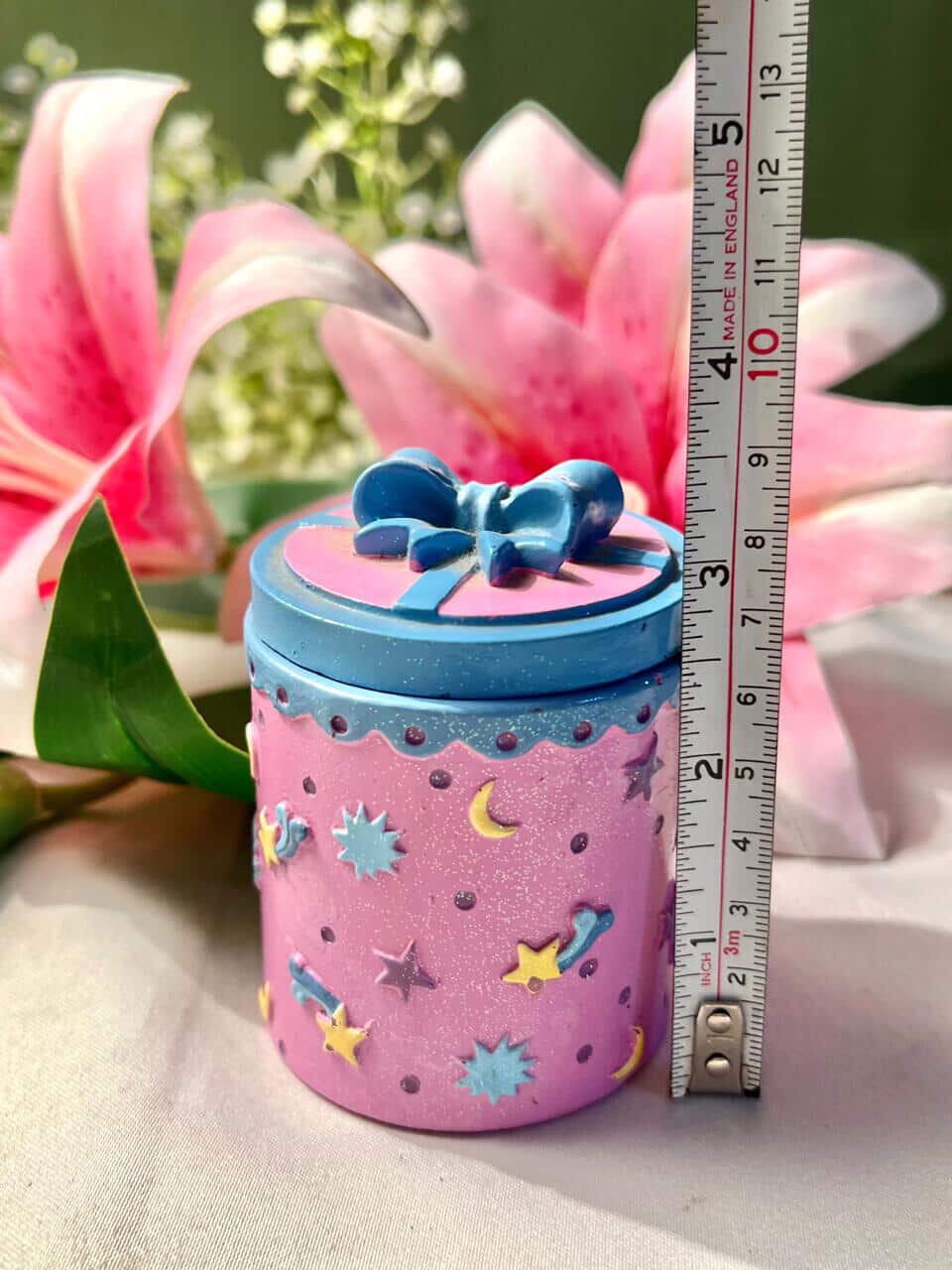 Claire’s 2004 Pink Blue Star Trinket Box with Bow Approx 9 cm