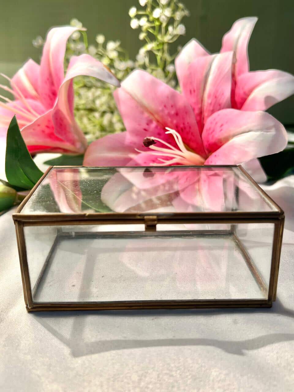 Vintage Crystal Trinket Box Brass-Tone Frame Approx 13 cm