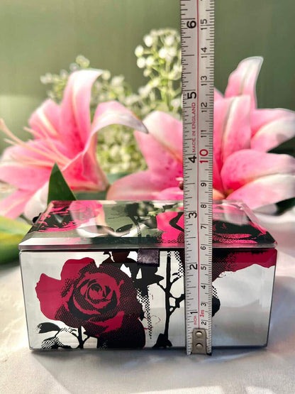 Vintage Rose Mirror Trinket Box Pink Black Approx 13 cm