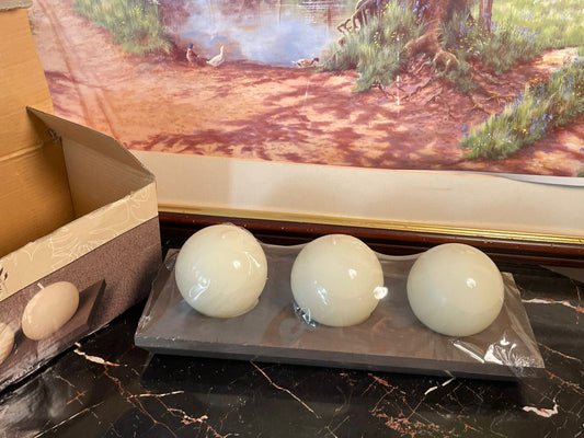 Landon Tyler candle set, handcrafted candles with tray, sphere candle centerpiece, decorative ivory candles, wooden tray candle set, home decor candles Pakistan, festive candle decoration, wedding centerpiece candles, modern minimalist candles, luxury home accessories, rare thrift finds, curated vintage collection, timeless vintage decor