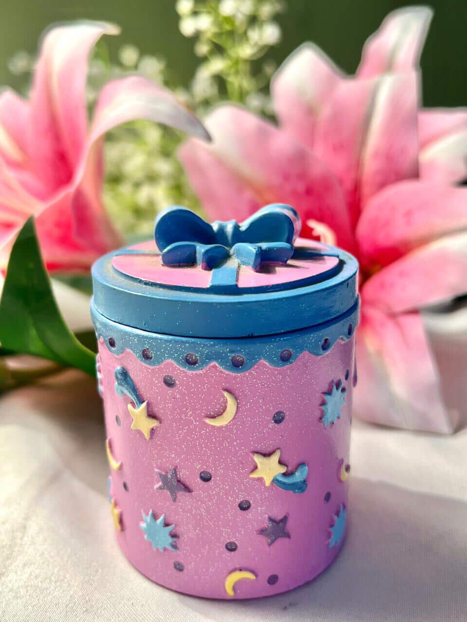 Claire’s 2004 Pink Blue Star Trinket Box with Bow Approx 9 cm