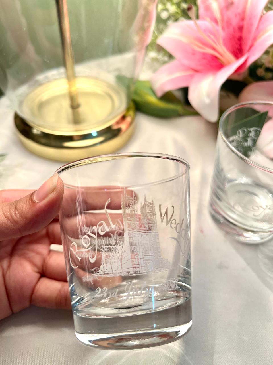 Vintage Etched Crystal Tumblers Pair Approx. 10 cm Tall
