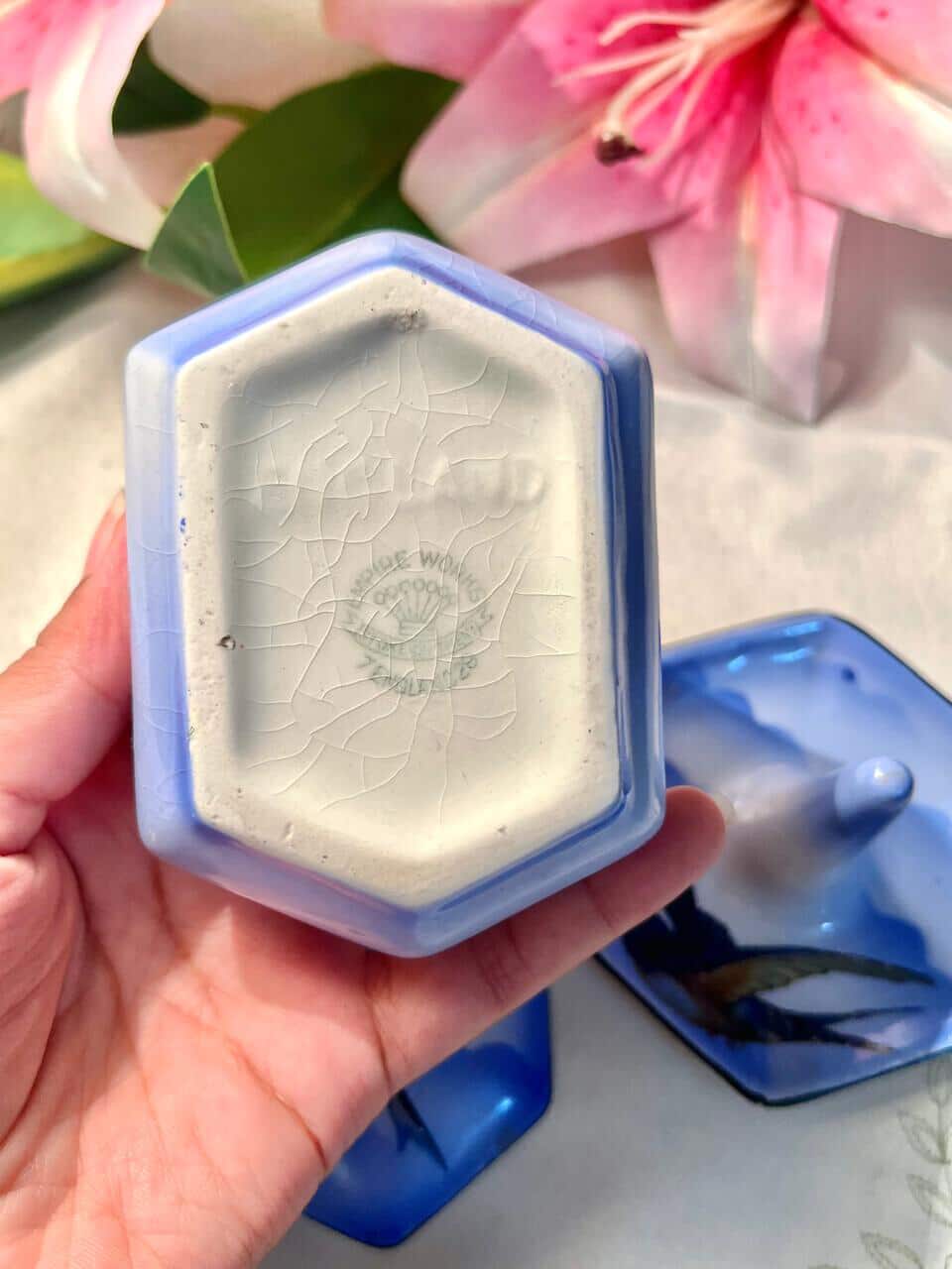 2-Piece Blue Bird Ceramic Trinket Box & Ring Holder 9 cm