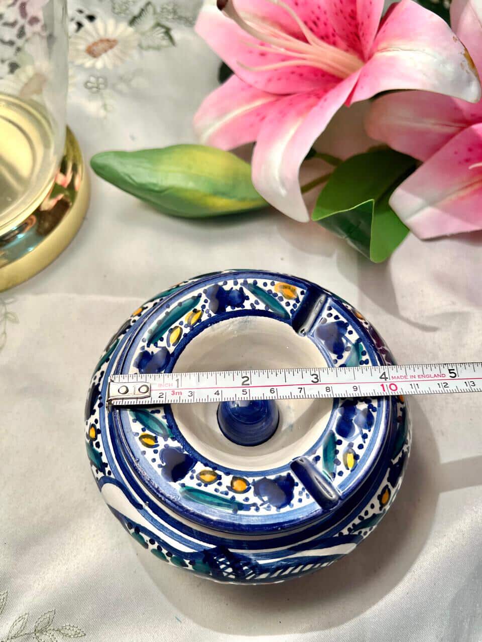 Hand painting Blue Pottery Floral Ceramic Ashtray with Lid – 4 Inches