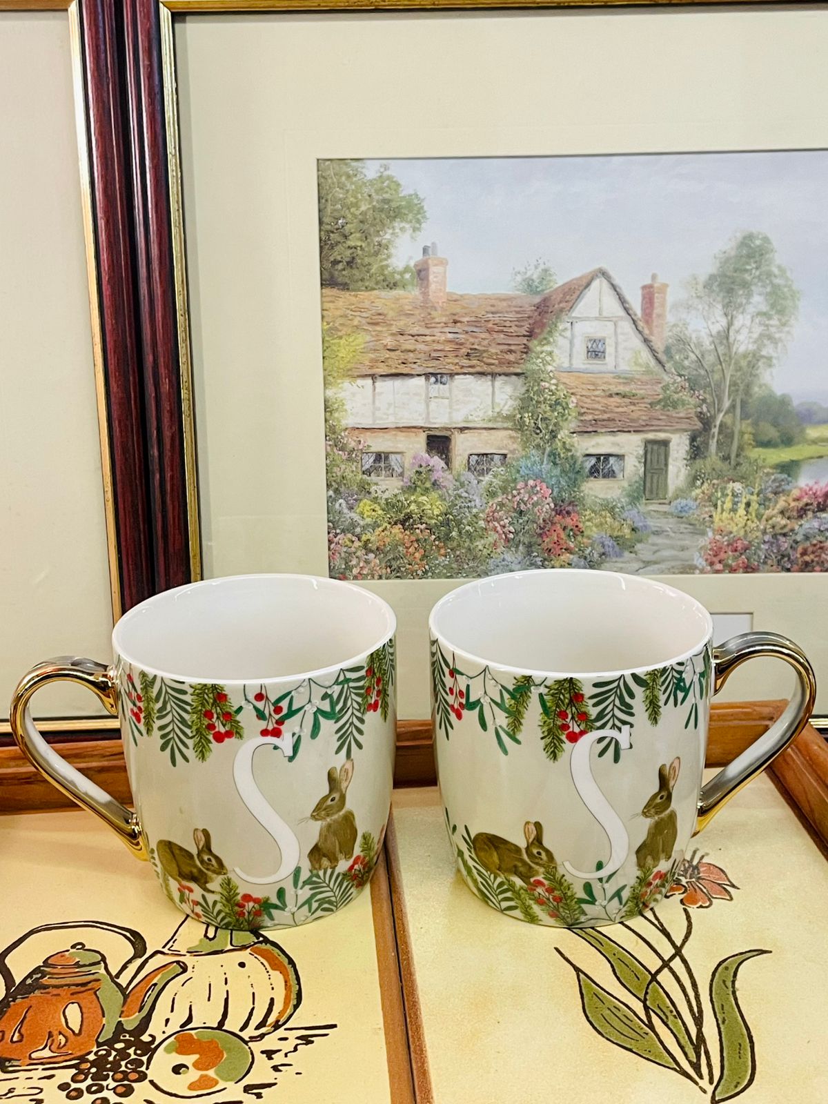 initial mug S, Tesco mug, rabbit mug, woodland mug, cottagecore mug, gold handle mug, fine china mug, monogram mug, festive mug, ceramic mug set, gift mug set, English style mug
