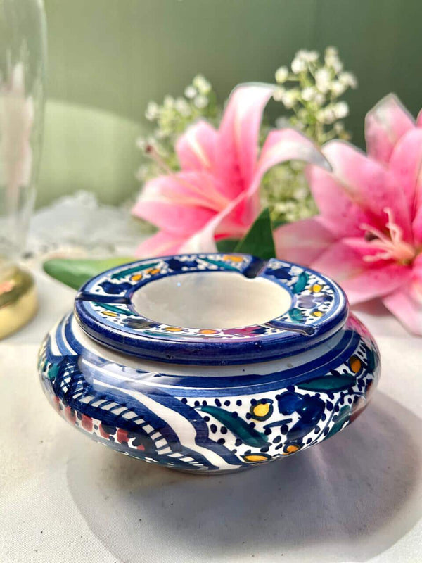 Hand painting Blue Pottery Floral Ceramic Ashtray with Lid – 4 Inches