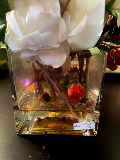 Artificial White Rose Arrangement in Square Glass Vase 9 Inch