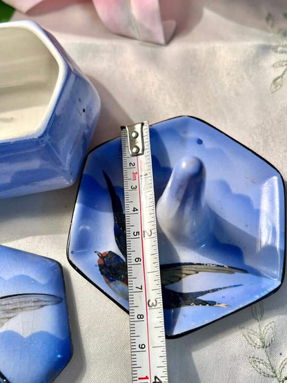 2-Piece Blue Bird Ceramic Trinket Box & Ring Holder 9 cm
