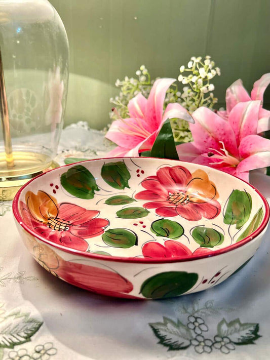 Hand Painting Large Red Floral Ceramic Serving Bowl 9"