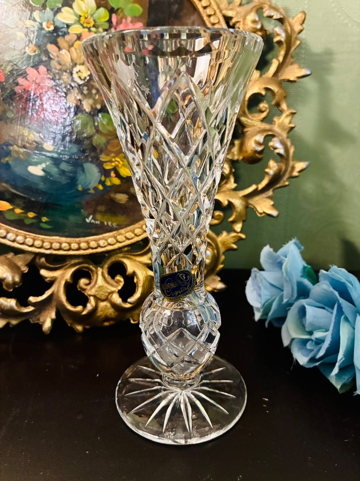 Bohemia Crystal Tall Cut Crystal Footed Vase