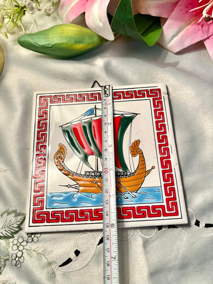 Vintage Hand Painted Greek Ship Ceramic Wall Plaque – 6 Inch