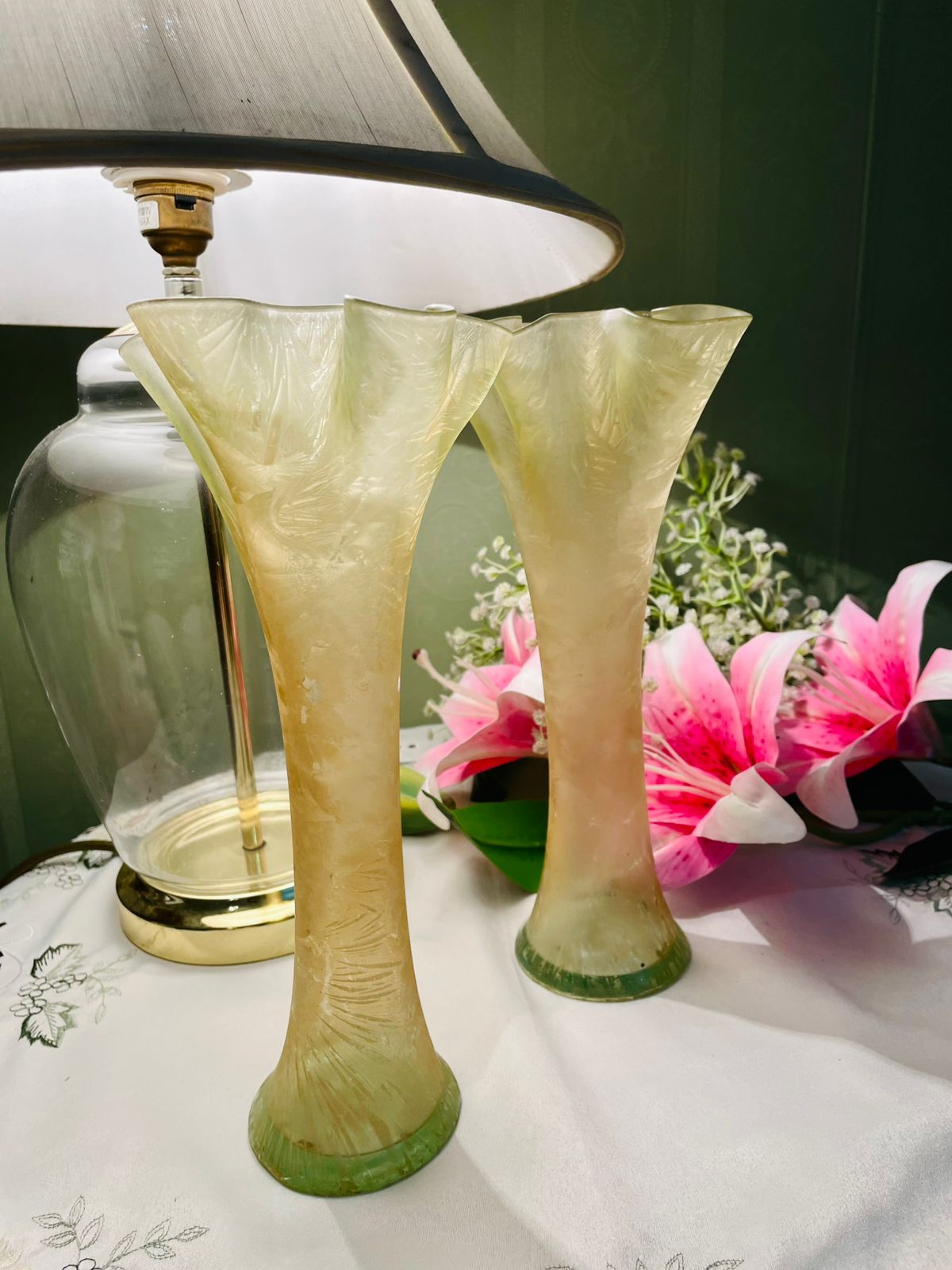 Vintage Pale Yellow Crystal Vases Set of 2 27 cm