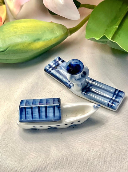 Vintage Blue & White Ceramic Boat Figurine Approx. 3.5 in