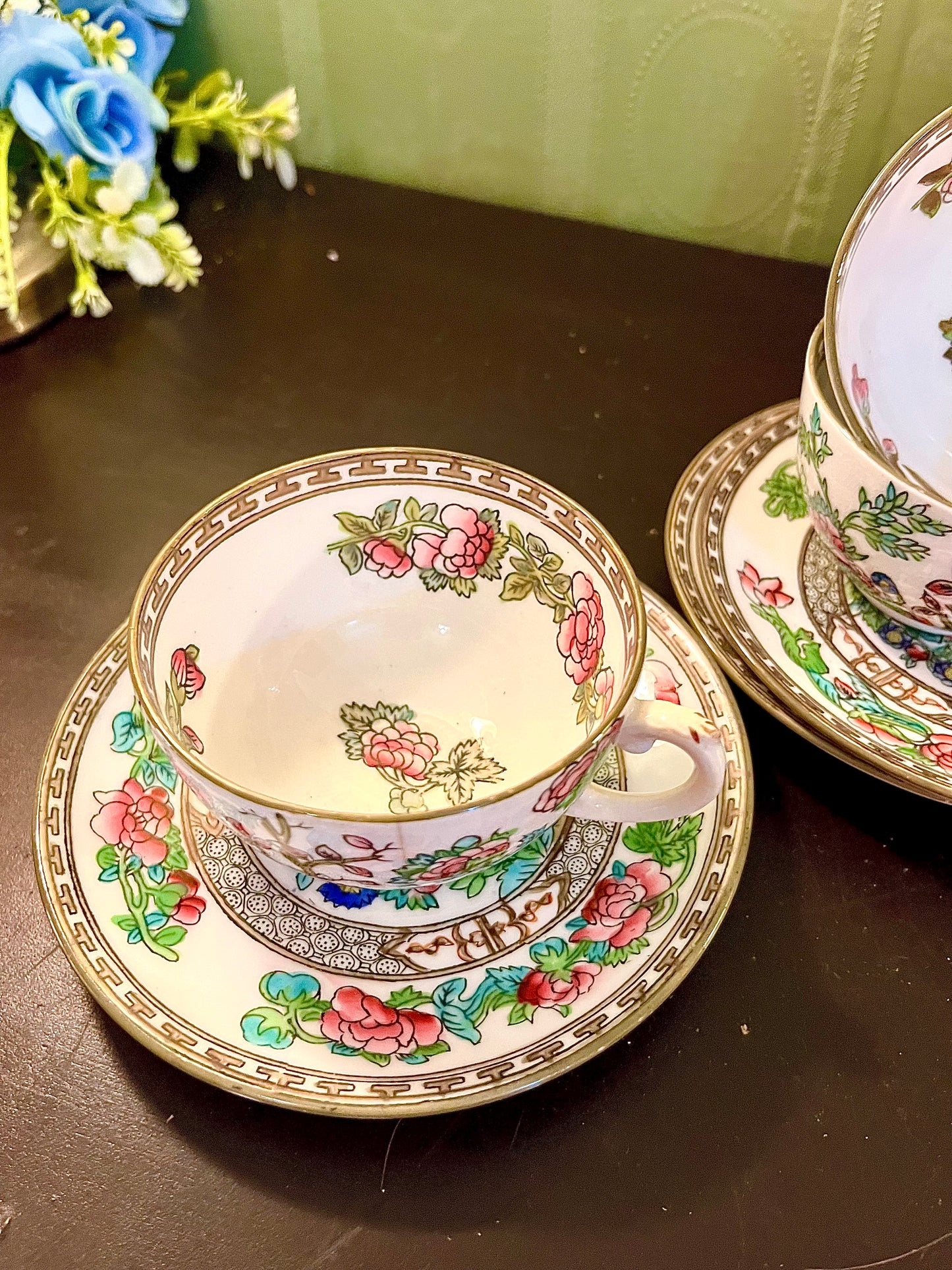 Vintage Chinoiserie Floral Teacup & Saucer Set of 3
