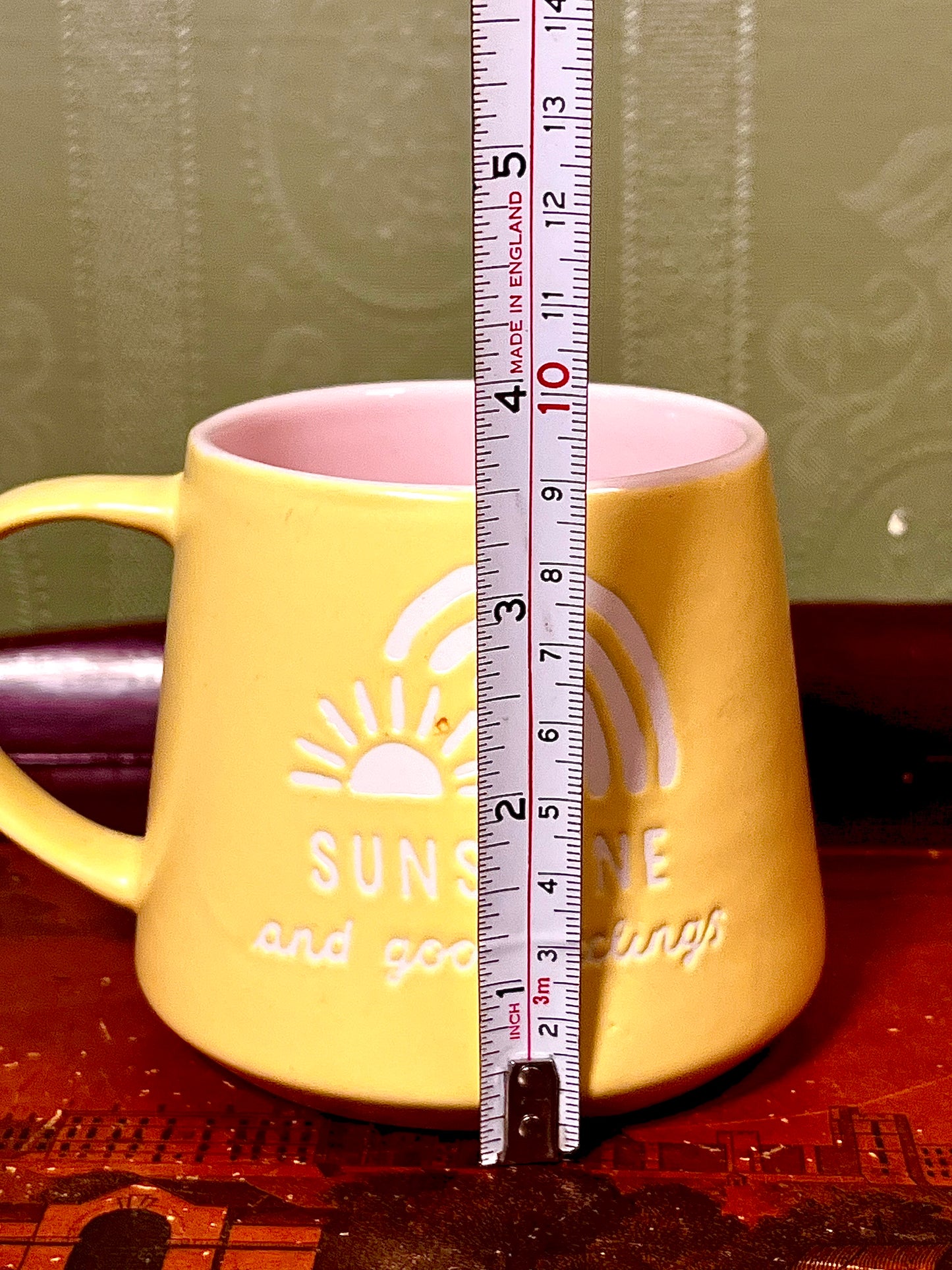 Yellow “Sunshine and Good Feelings” Ceramic Mug – Pink Interior Rainbow Design