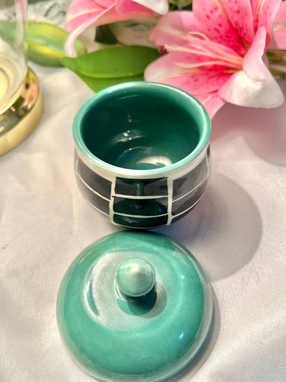 Hand Painted Teal & Black Ceramic Lidded Jar 10cm
